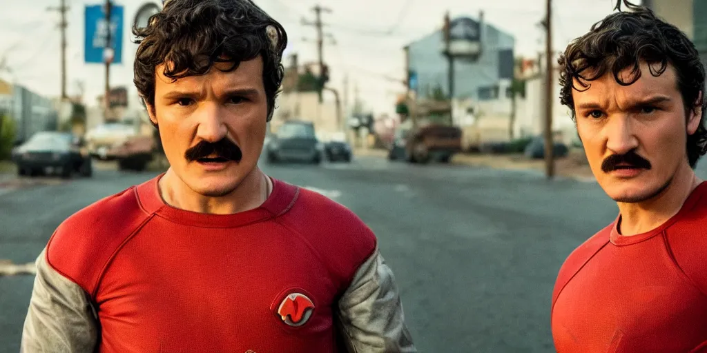 Image similar to pedro pascal stars as super mario in live action, stranger things and marvel style, heroic pose, poster, accurate ultra realistic faces, 4 k, movie still, uhd, sharp, detailed, cinematic, render, modern