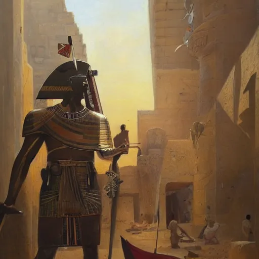 Image similar to a painting of a man holding a sword and a shield, egyptian art by Rudolf Ernst, trending on cgsociety, afrofuturism, egyptian art, detailed painting, oil on canvas