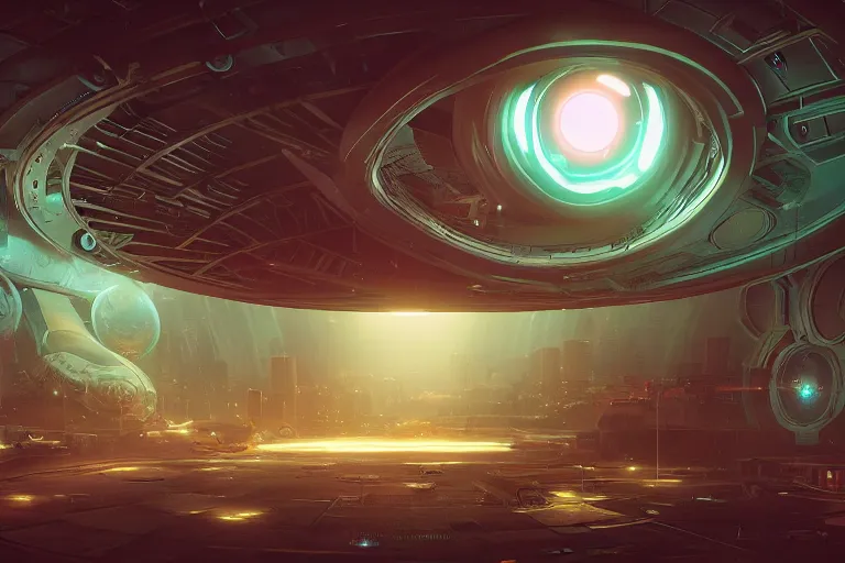 Image similar to a giant mechanical eye, cinematic lighting, abstract, glow, wlop, artgerm, dan mumford, artstation, unreal engine 5, octane render