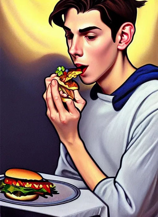 Prompt: oil painting, teenage jughead jones, wears a light grey crown, and devours a hamburger, intricate, elegant, highly detailed, pinocchio nose, lighting, painting, artstation, smooth, illustration, art by greg rutowski and alphonse mucha