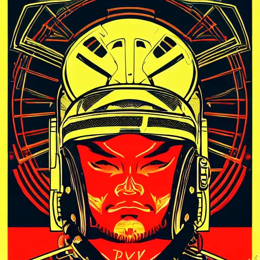 Image similar to !dream Illustrated by Shepard Fairey and H.R. Geiger | Cyberpunk Soviet Samurai with VR helmet, surrounded by cables