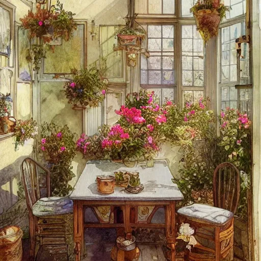 Image similar to a beautifull intricate watercolour painting of a victorian kitchen with many flowers, reflexions, verry high details by william turner art, greg rutkowski and alphonse mucha, trending on artstation, very very detailed, masterpiece,