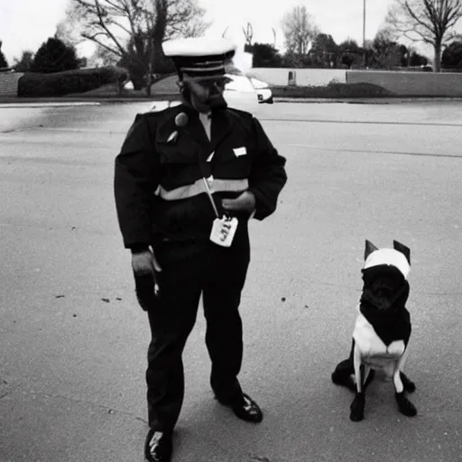 Image similar to A photo of a dog wearing a security guard\'s uniform and cap, 1990