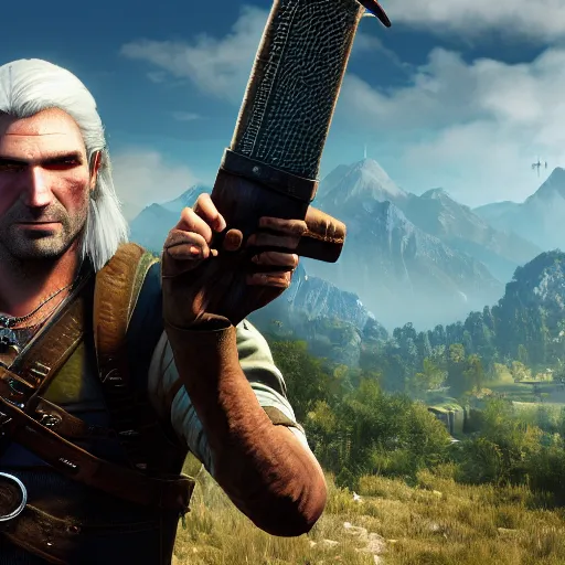 Prompt: nathan drake!!! as the witcher, the witcher 3, geralt of rivia