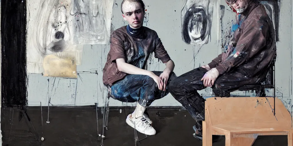 Image similar to portrait of a young painter with headache sitting on a stool painted by luc tuymans and vincent lefevre and hernan bas and pat steir and hilma af klint and danny fox, psychological, photorealistic, symmetrical face, dripping paint, washy brush, rendered in octane, altermodern, masterpiece