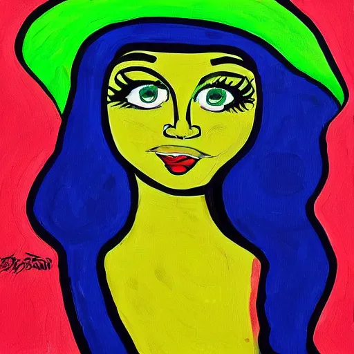 Prompt: a painting of a woman with green hair and red hat, a pop art painting by peter max, behance, neo - fauvism, fauvism, pop art, picasso