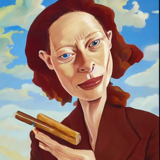 Prompt: an oil painted caricature of a young tilda swinton with a cuban cigar in her hand, blowing out smoke, by salvador dalí, trending on art station, 4K, studio ghibli color scheme