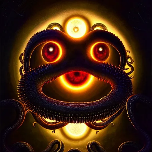 Image similar to a detailed digital art of an alien creature with multiple eyes and tentacles emerges from a glowing orb in the center of a dark, foreign landscape,by Albert Bierstadt, Yohann Schepacz and Laurel Burch,style of grim dark, Kai Fine Art, chiaroscuro, dark academia, copper patina,detailed, ornate, maximalist, 8k, cinematic, compositing, post processing, award winning art,artstationHQ,artstationHD