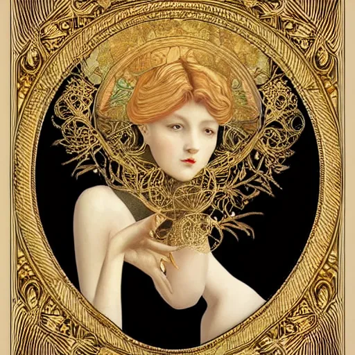 Prompt: a beautiful girl made of ivory and gold, highly intricate, digital art, very detailed, in the style of a weird and dark eerie liminal art nouveau flemish painting, 8k, dark