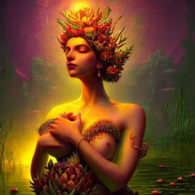 Prompt: Beautiful 3d render of the flower queen goddess in a sensual pose near a pond full of lotus, atmospheric lighting, painted, intricate, volumetric lighting, beautiful, rich deep colours masterpiece, sharp focus, ultra detailed, in the style of Dan Mumford and marc simonetti, with a crowded futuristic cyberpunk city in the background, astrophotography