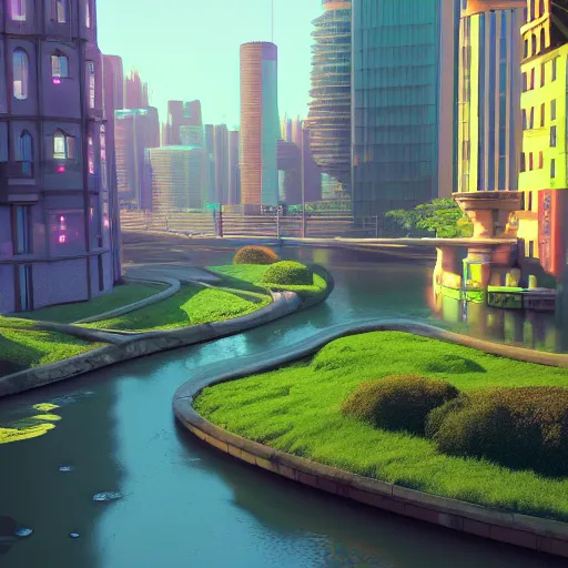 Prompt: A cityscape with a river running through it, Blender 3D, Pixar, Dreamworks, by Beeple