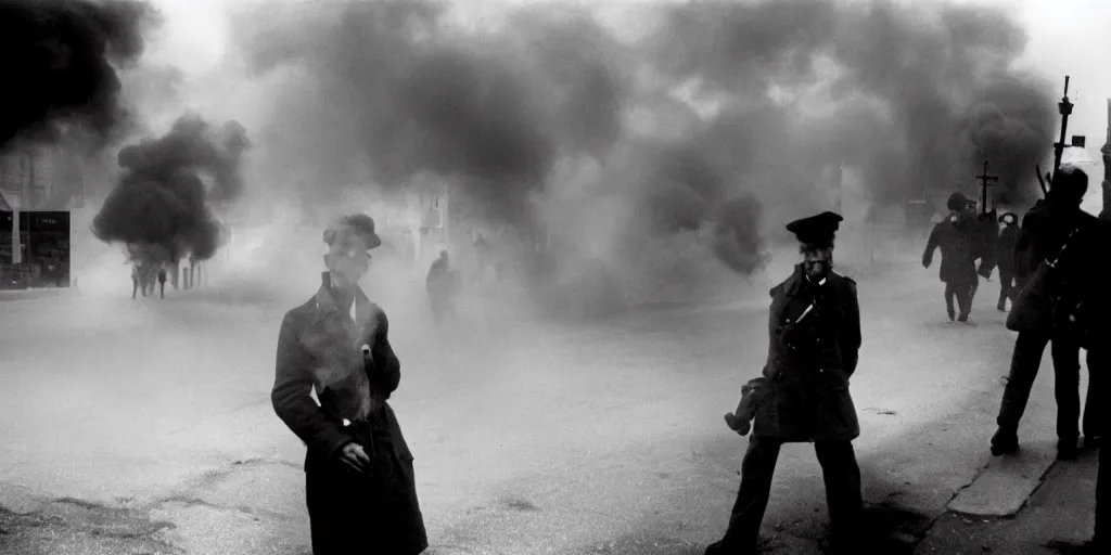 Image similar to street photo, war, revolution, smoke on the street, a lot of people, film photography, exposed b & w photography, christopher morris photography, bruce davidson photography, peter marlow photography