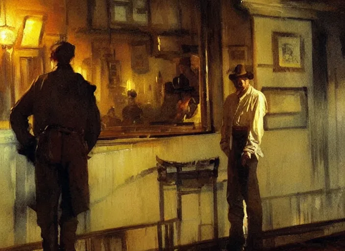 Image similar to oil watercolor painting of young guy in western bar, mysterious light, art by anders zorn, wonderful masterpiece by greg rutkowski, beautiful cinematic light, american romanticism by greg manchess, creation by tyler edlin