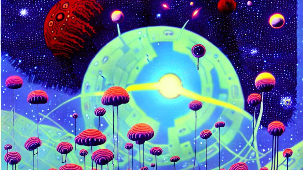 Image similar to a scifi illustration, A bouquet of flowers at the heart of a planet in FANTASTIC PLANET La planète sauvage animation by René Laloux