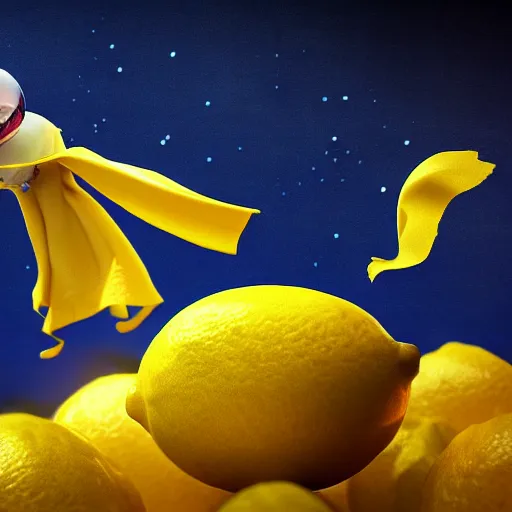 Image similar to lemon with a cape flying to the moon, digital art, highly detailed, cinematic, dramatic lighting