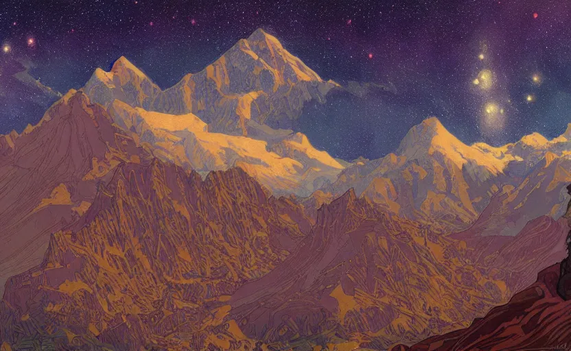 Prompt: mountains, stars and paisley filled sky, artstation, intricate, highly detailed, digital painting, concept art, sharp focus, illustration by Charles Williams and Alphonse Mucha