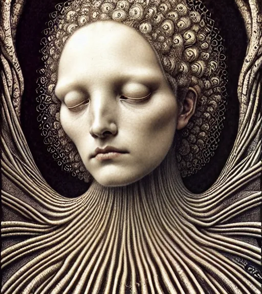 Image similar to detailed realistic beautiful bone goddess face portrait by jean delville, gustave dore, iris van herpen and marco mazzoni, art forms of nature by ernst haeckel, art nouveau, symbolist, visionary, gothic, neo - gothic, pre - raphaelite, fractal lace, intricate alien botanicals, biodiversity, surreality, hyperdetailed ultrasharp octane render