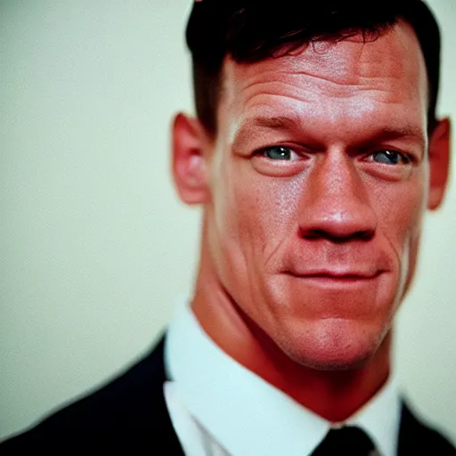 Image similar to A Medium shot of a John Cena face, captured in low light with a soft focus. There is a gentle pink hue to the image, and the John cena’s features are lightly blurred. Cinestill 800t