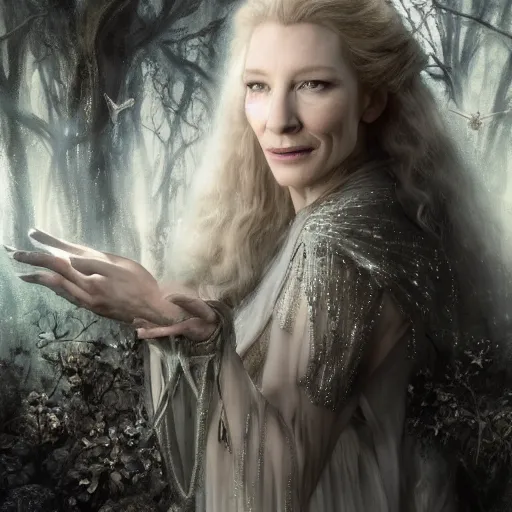 Prompt: portrait of ((mischievous)), baleful Cate Blanchett as Galadriel as a queen of fairies, dressed in a beautiful silver dress. The background is a dark, creepy eastern europen forrest. night, horroristic shadows, high contrasts, lumnious, theatrical, character concept art by ruan jia, thomas kinkade, and J.Dickenson, trending on Artstation