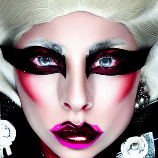 Prompt: Lady Gaga as Harley Queen, promotional poster, 4K, highly detailed face with make-up