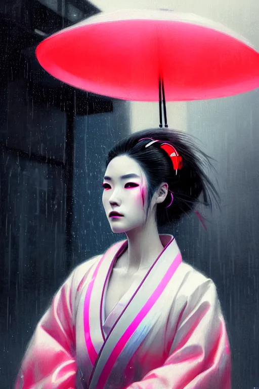 Image similar to photography face close - up portait of a beautiful young cyberpunk geisha half body in a kimono and with an white umbrella in city with neon lights, ambient lights, rainy day, digital painting, art station, by greg rutkowski