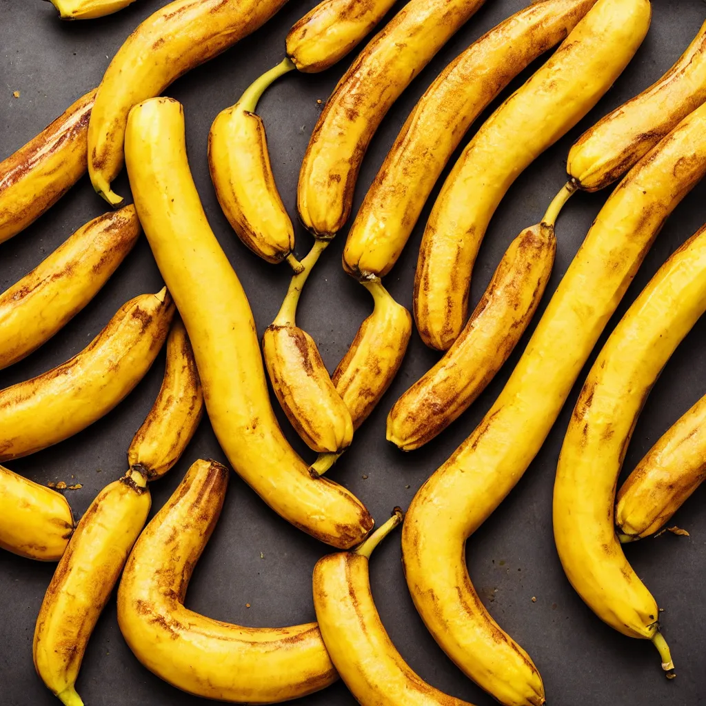 Image similar to long ripe bananas with orange skin, closeup, hyper real, food photography, high quality