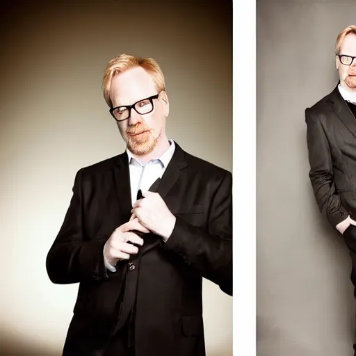 Image similar to adam savage in a fancy suit by a upscale party photoshoot