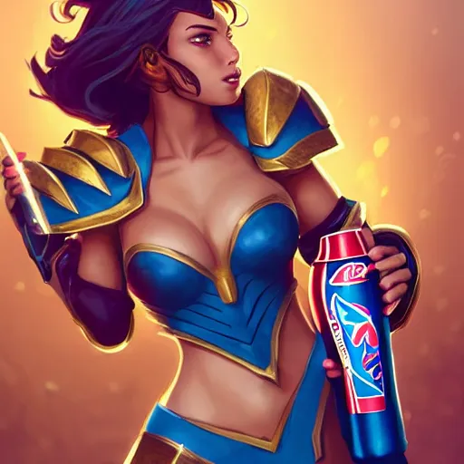 Image similar to leona from league of legends wearing gold and scarlet armor drinking pepsi max on a hot summer day at the beach. she is wearing wearing gold and scarlet armor. digital illustration, trending on artstation, highly detailed, excellent beautiful lighting,