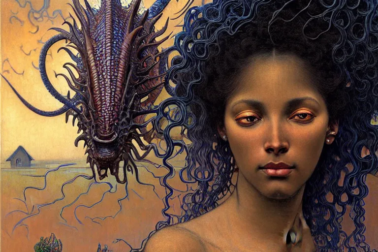 Image similar to realistic extremely detailed closeup portrait painting of a beautiful black woman, mutant dragon and a single old house on background by Jean Delville, Amano, Yves Tanguy, Alphonse Mucha, Ernst Haeckel, Edward Robert Hughes, Roger Dean, rich moody colours