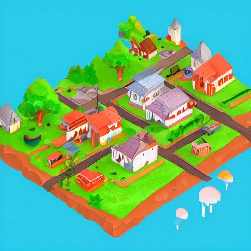 Image similar to an isometric picture of a cute little village, anthropomorphism, nature colors, trending on artstation