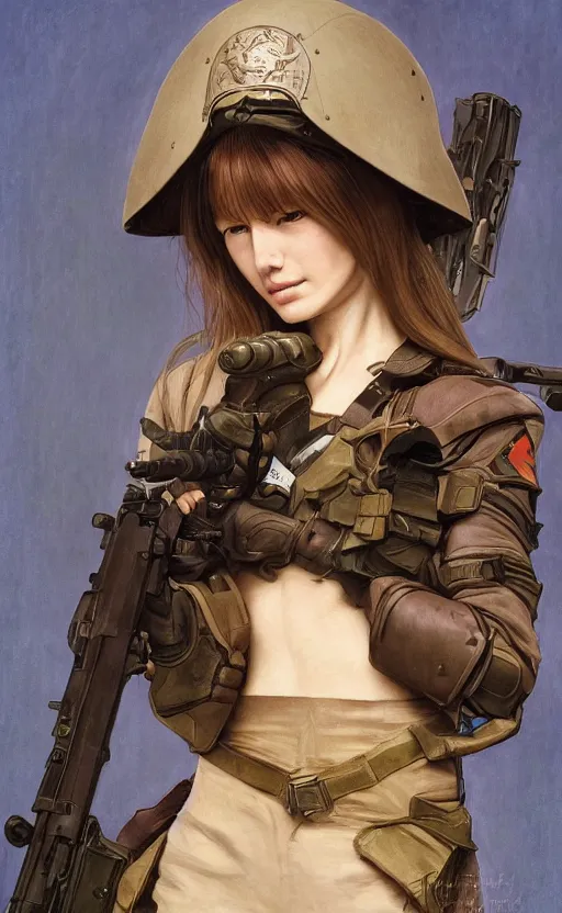 Image similar to portrait of female soldier, trading card front, anime style, hair down, symmetrical facial features, hyper realistic, pale skin, 4k, rule of thirds, extreme detail, detailed drawing, trending artstation, hd, fantasy, D&D, realistic lighting, by Alphonse Mucha, Greg Rutkowski, sharp focus, backlit, military carrier plates