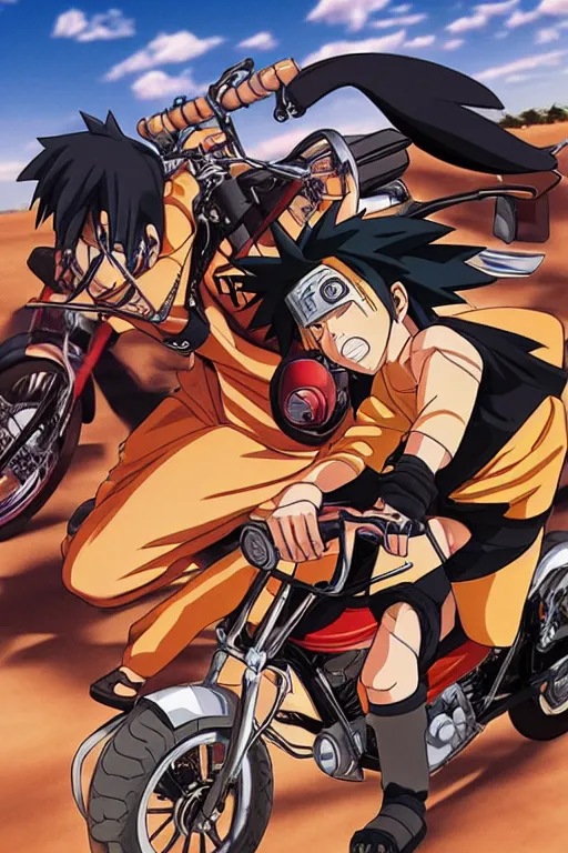 Image similar to photograph of naruto riding a harley davidson motorcycle down a desert highway