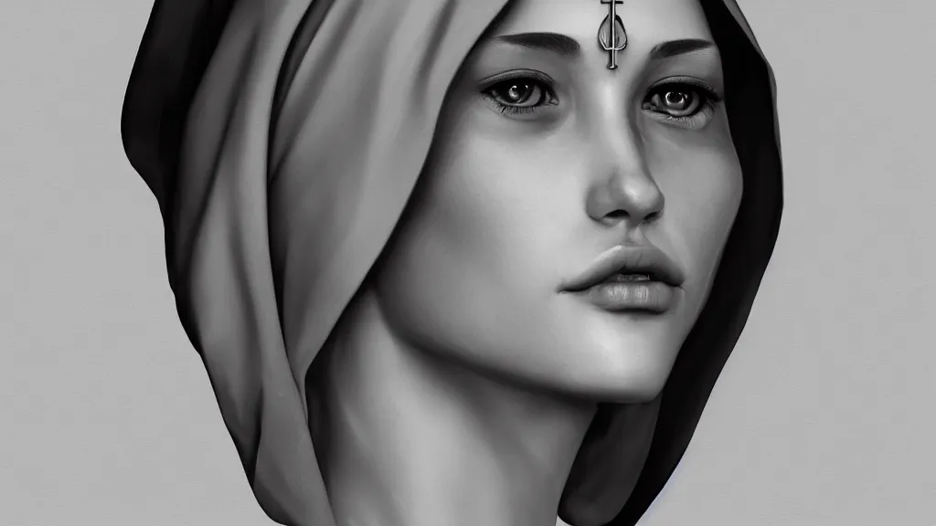 Prompt: a portrait of an lonely cyber nun, elegant, focus, detailed, realistic eyes, horizontal partial symmetry features proportions, intricate facial skin details, cybertech, award winning, trending in cgsociety artstation deviant art