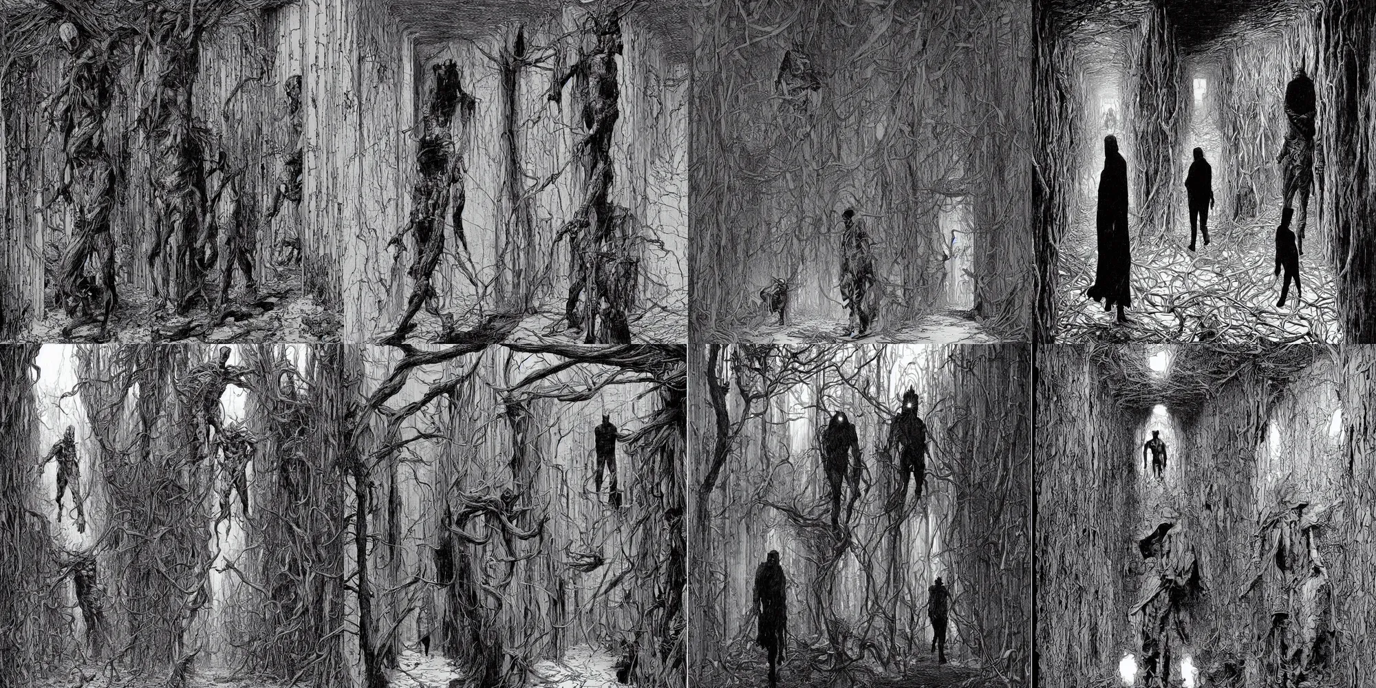 Prompt: a 7 meters man walks in an old wood corridor, 2 meters, black and white illustration, by james jean and wayne barlowe and moebius