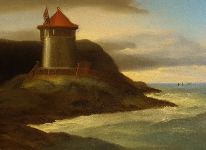 Image similar to texel, the netherlands as the background in the style of hudson river school of art, oil on canvas