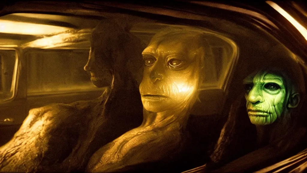 Image similar to the creature sits in a car, made of glowing wax, they look me in the eye, film still from the movie directed by Denis Villeneuve and David Cronenberg with art direction by Salvador Dalí, wide lens