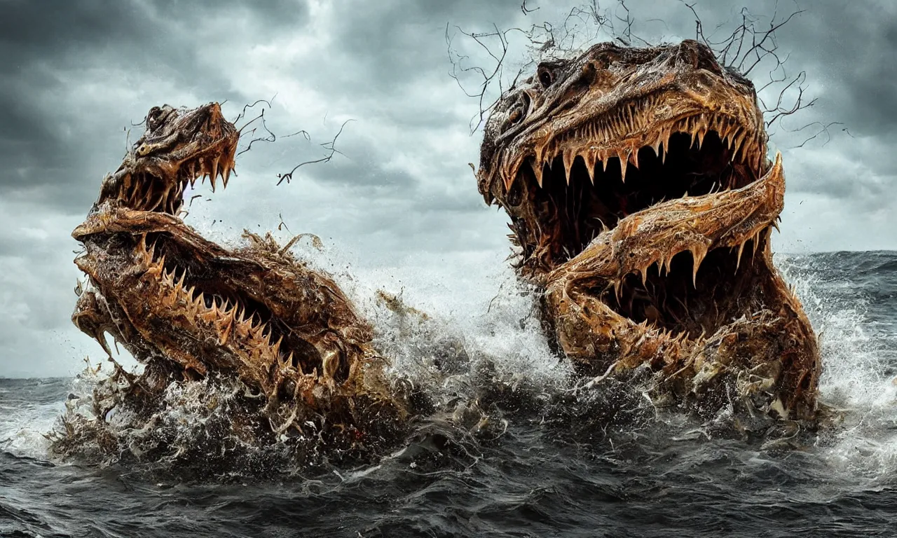 Prompt: photo detail of the face of a gigantic ultra-detailed scary monster that looks like an angler-fish with extremities like crocodile ,wet and slimy with a very large mouth, is coming out of the sea on a beach, there are people fleeing in terror, photo-realistic, stormy sky, photo by national geographic