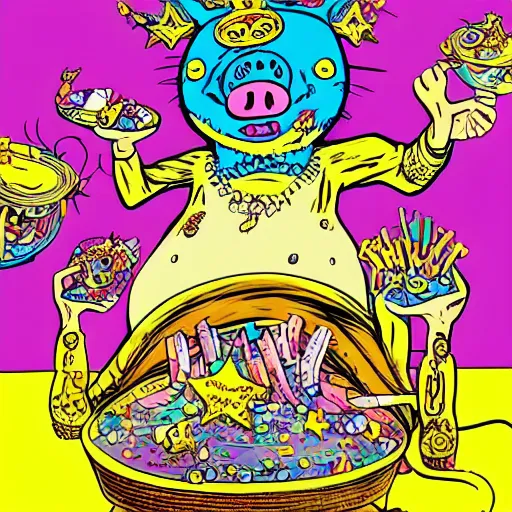 Image similar to trippy comic art of a pig wearing a gold crown eating snacks, drawn by Martin Rowson, Tim Burton, Studio Ghibli, Alex Pardee, Nekro Petros Afshar, James McDermott, colors by lisa frank, unstirred paint, vivid color, cgsociety 4K