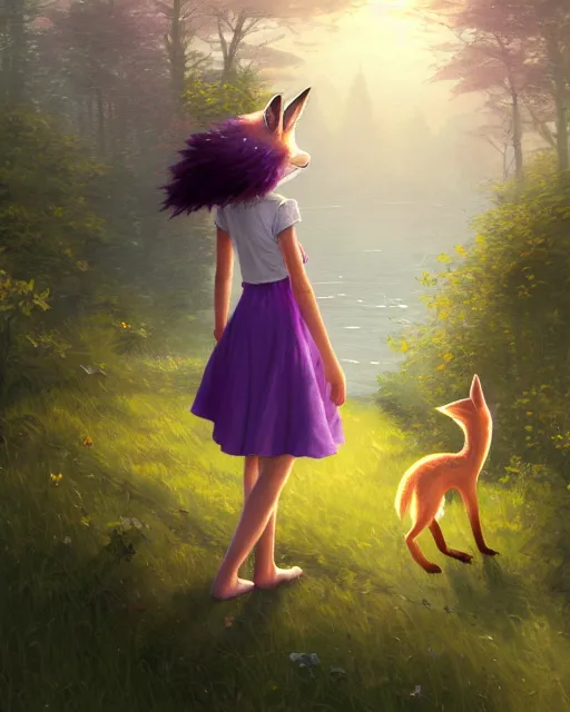 Image similar to a girl with fox ears and purple hair wearing a simple sundress, this fox girl has a pronounced snout and two pointed black ears, beautiful lake background, illustration by greg rutkowski, thomas kindkade, loish, artstation, furaffinity, deviantart