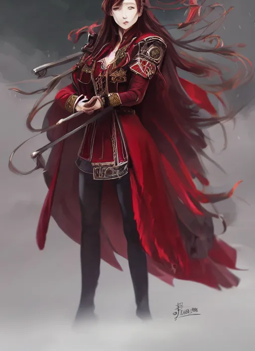 Image similar to a highly detailed illustration of beautiful long dark red haired japanese woman wearing wine red epaulette uniform and coat cape, dramatic wielding strings pose, intricate, elegant, highly detailed, centered, digital painting, artstation, concept art, smooth, sharp focus, league of legends concept art, wlop