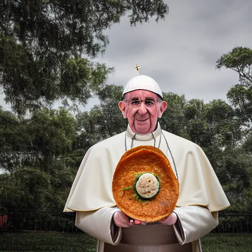 Image similar to pope john paul the 2 nd wearing a sombrero holding a taco, ( sony a 7 r iv, symmetric balance, polarizing filter, photolab, lightroom, 4 k, dolby vision, photography awardm, voque, perfect face )