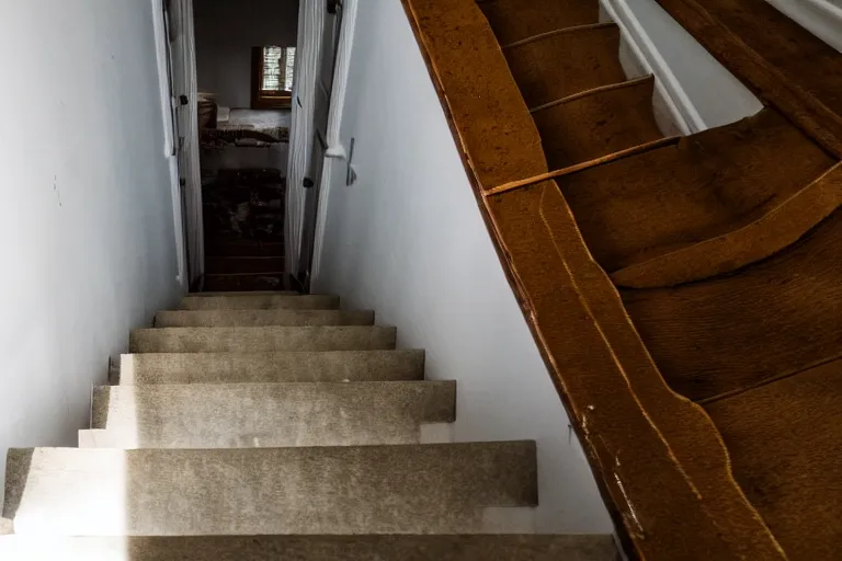 Image similar to looking down stairs in a house, looking down over a persons shoulder at the semi transparent ghost of a man at the bottom