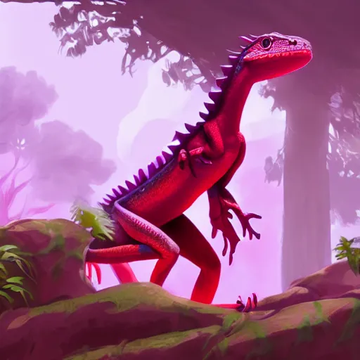 Image similar to concept art painting of an anthropomorphic lizard wearing magenta wizard robes, in the deep forest, realistic, detailed, cel shaded, in the style of makoto shinkai and greg rutkowski and james gurney