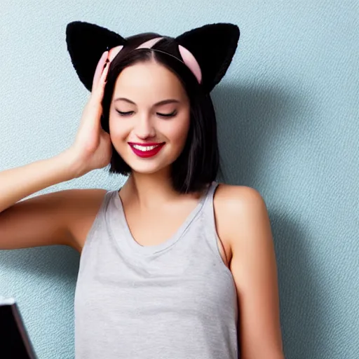 Image similar to cute woman wearing tank top and cat ears plays on computer