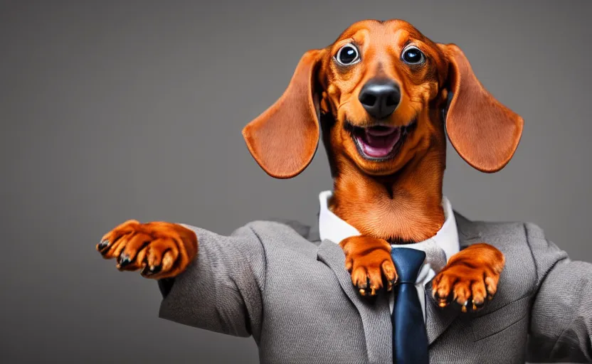 Image similar to happy dachshund catching a ball, detailed fur, soft, suit, suitcase, business outfit, photography, animal portrait