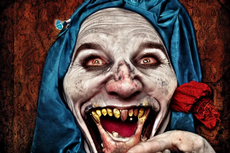 Image similar to medieval jester laughing, sinister, photograph, portrait, digital art,