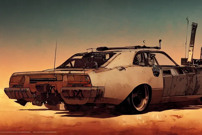 Image similar to digital illustration of mad max's sw 2 0 pursuit special, by makoto shinkai, ilya kuvshinov, lois van baarle, rossdraws, basquiat