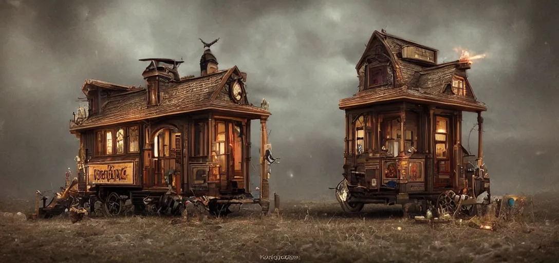 Prompt: victorian steampunk tiny home, still from a movie, cyberpunk trailer, photo art, artgerm, trending on artstation