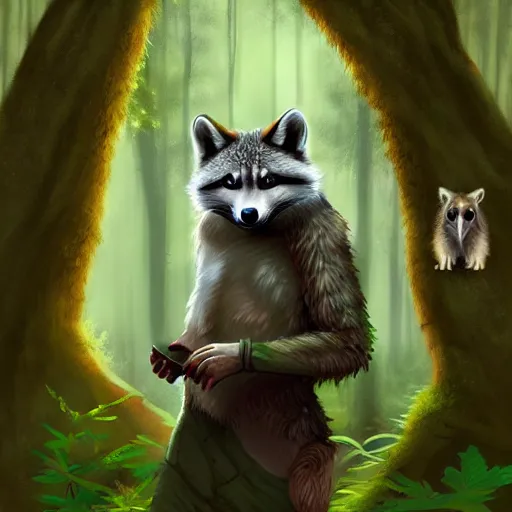 Image similar to a woodland druid in a forest with a wolf bird and racoon, photorealistic, in the style of greg rutkowski, digital painting