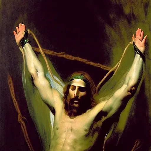 Image similar to jesu christ wearing blindfold!!!!! sitting on a huge!!!! throne of entwined bodies, elegant, ominous, highly detailed painting by goya!!! phil hale!! gaston bussiere, craig mullins, j. c. leyendecker, 8 k, mid shot